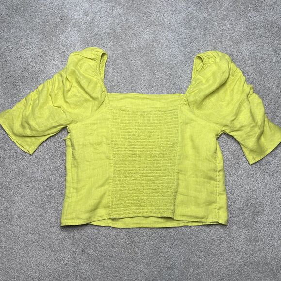 NWT Rachel Zoe 100% Linen Blouse Large Yellow Shirt Puff Sleeve Peasant Crop Top - Picture 5 of 9